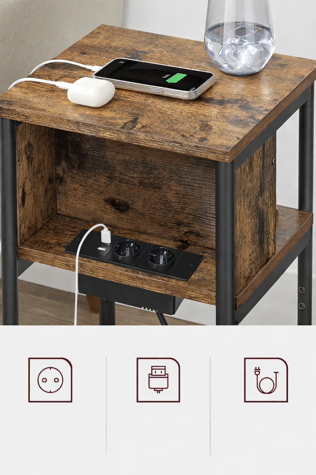 VASAGLE Noptiera cu prize si USB, 3 rafturi, stil industrial, 30x34x58 cm, maro rustic - imagine 9