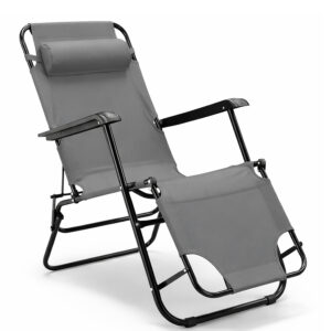 Sezlong pliabil cu pozitie orizontala, tetiera reglabila, cadru metalic, 153x60x88 cm, gri