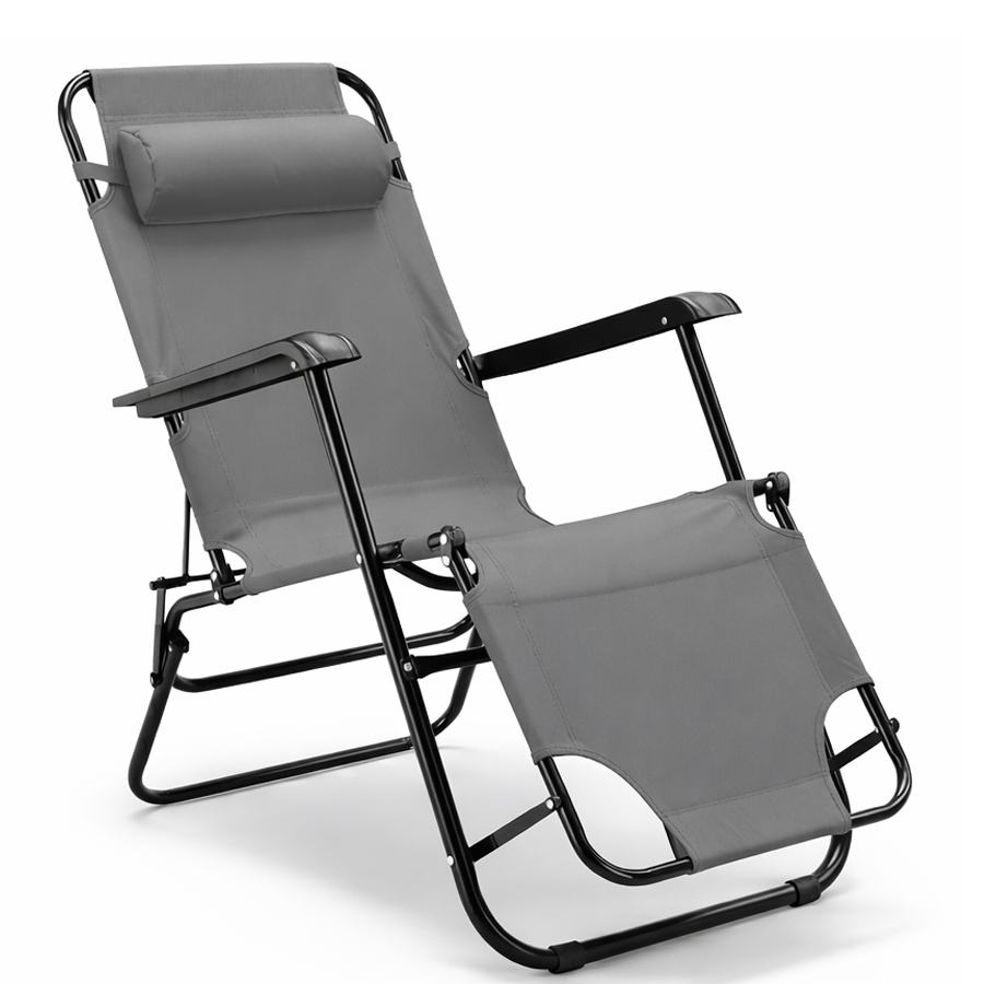 Sezlong pliabil cu pozitie orizontala, tetiera reglabila, cadru metalic, 153x60x88 cm, gri