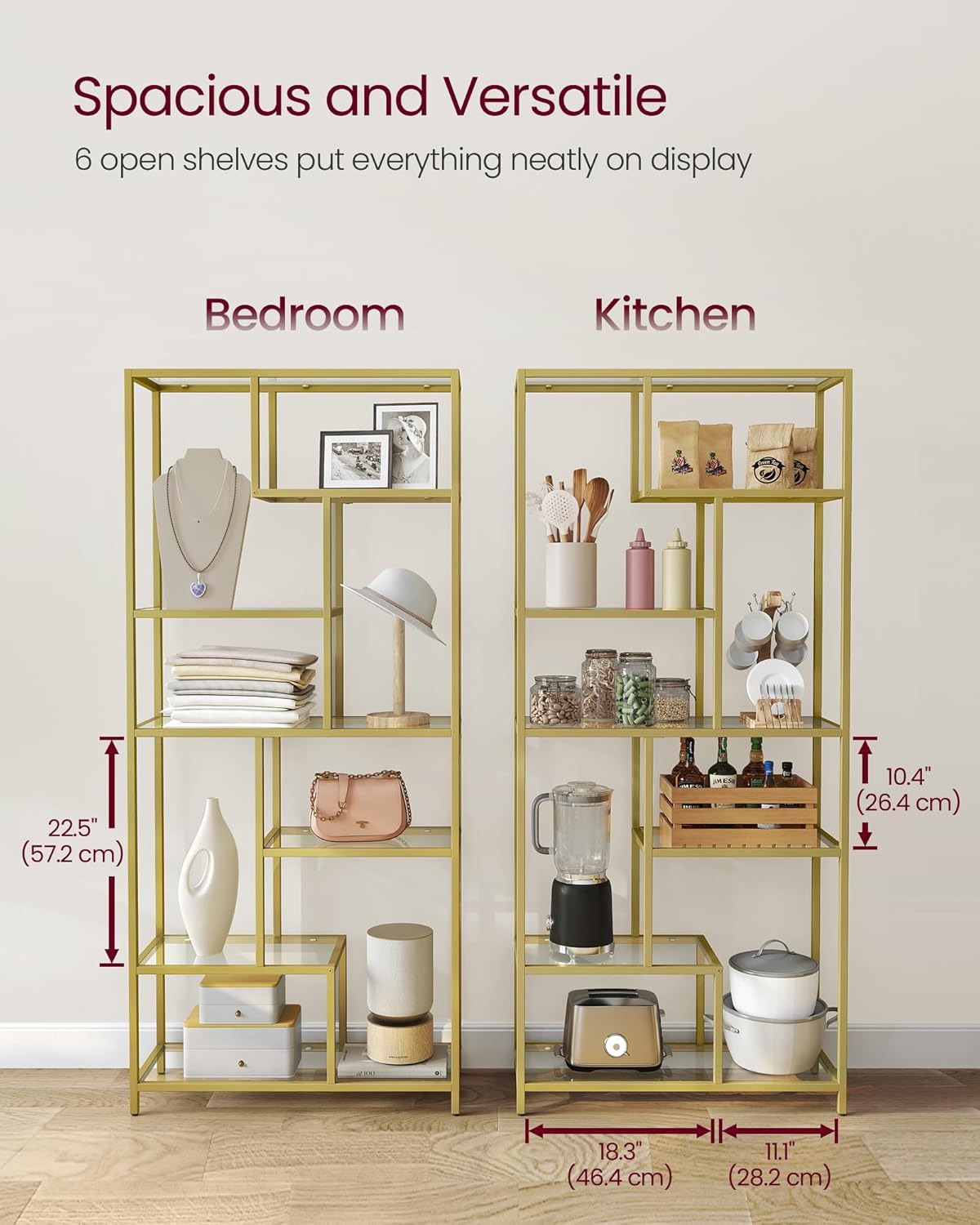 VASAGLE Biblioteca cu 6 polite din sticla securizata si cadru din otel, 80x30x180 cm, auriu - imagine 3