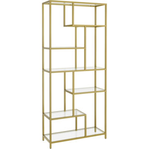 VASAGLE Biblioteca cu 6 polite din sticla securizata si cadru din otel, 80x30x180 cm, auriu