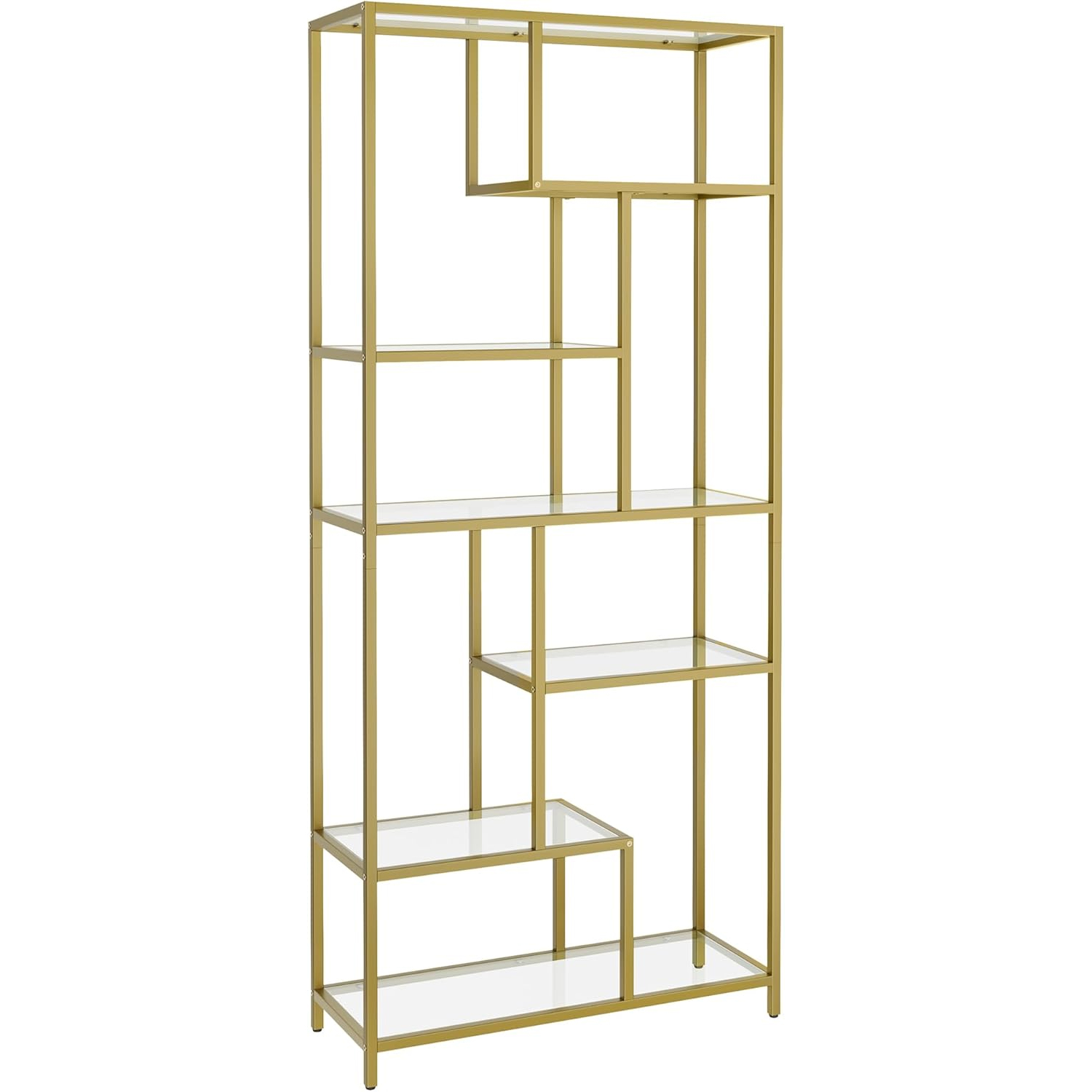 VASAGLE Biblioteca cu 6 polite din sticla securizata si cadru din otel, 80x30x180 cm, auriu