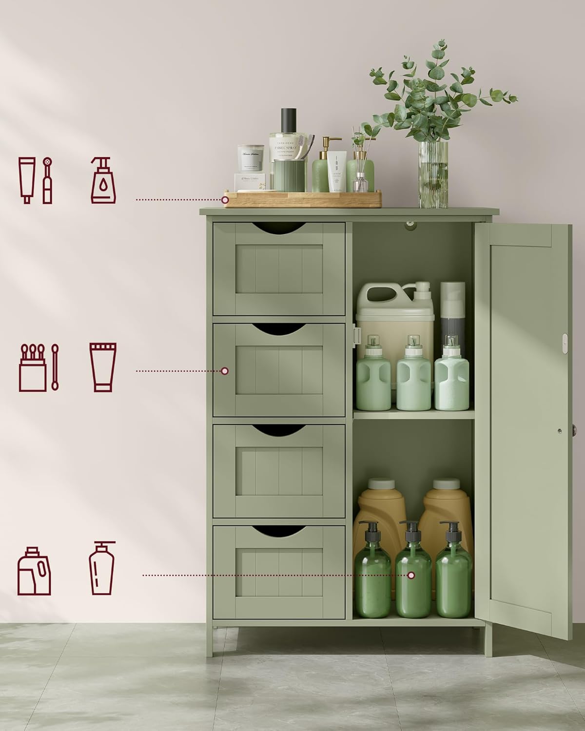 VASAGLE Dulap de depozitare pe podea pentru baie, MDF, cu 4 sertare, 1 usa, rafturi reglabile, 30x55x82cm, verde - imagine 7