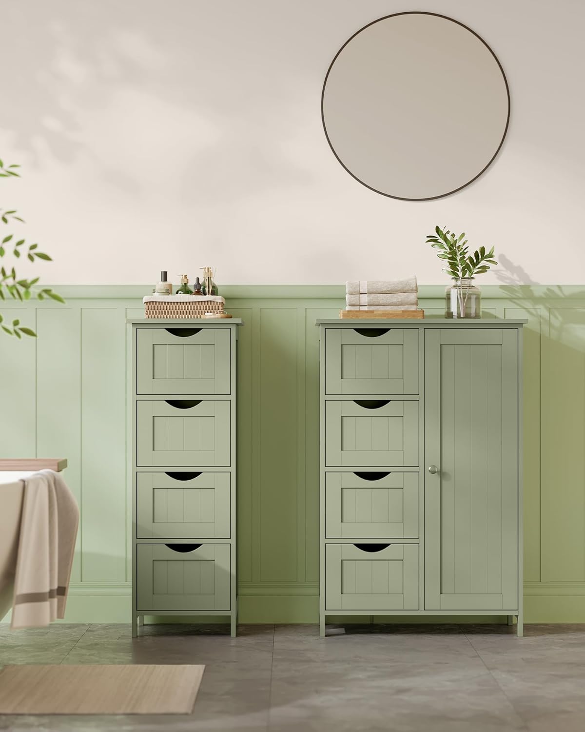 VASAGLE Dulap de depozitare pe podea pentru baie, MDF, cu 4 sertare, 1 usa, rafturi reglabile, 30x55x82cm, verde - imagine 8