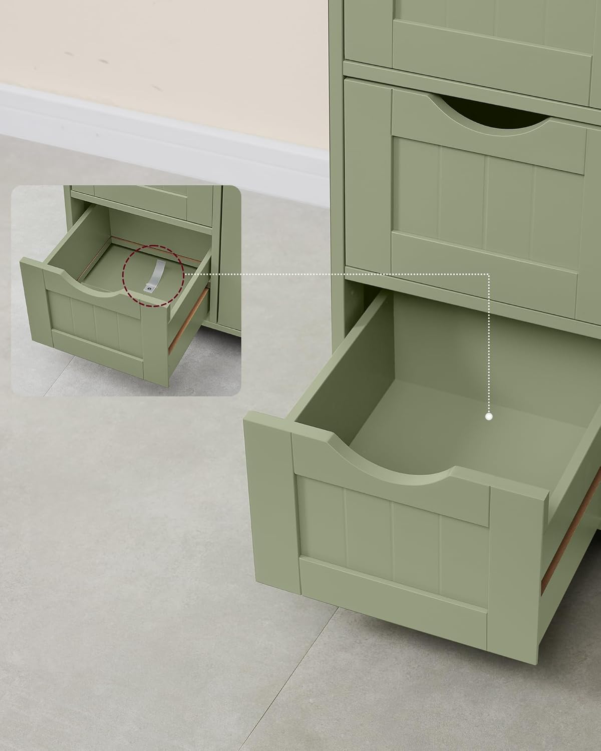 VASAGLE Dulap de depozitare pe podea pentru baie, MDF, cu 4 sertare, 1 usa, rafturi reglabile, 30x55x82cm, verde - imagine 9