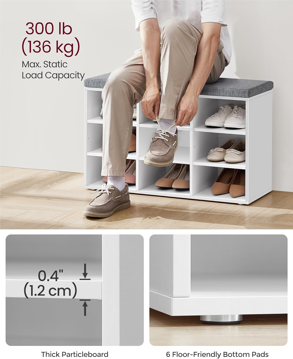 VASAGLE Pantofar cu banca cu 9 compartimente si perna, sarcina 136 kg, 79x30x48 cm, alb - imagine 3