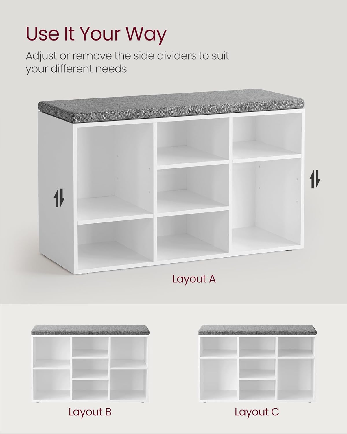 VASAGLE Pantofar cu banca cu 9 compartimente si perna, sarcina 136 kg, 79x30x48 cm, alb - imagine 4