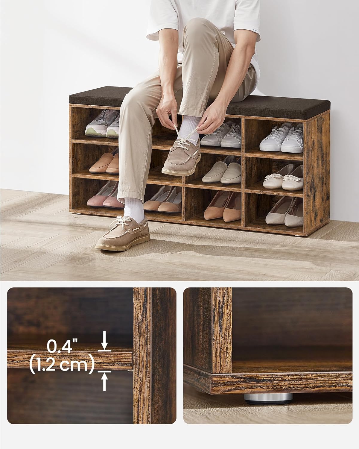 VASAGLE Pantofar cu banca cu 12 compartimente si perna, sarcina 136 kg, 104x30x48 cm, maro rustic - imagine 4