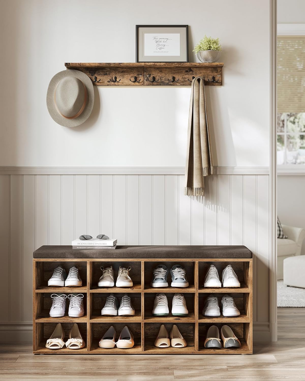 VASAGLE Pantofar cu banca cu 12 compartimente si perna, sarcina 136 kg, 104x30x48 cm, maro rustic - imagine 7