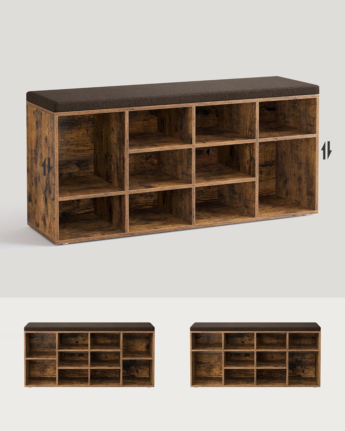 VASAGLE Pantofar cu banca cu 12 compartimente si perna, sarcina 136 kg, 104x30x48 cm, maro rustic - imagine 2