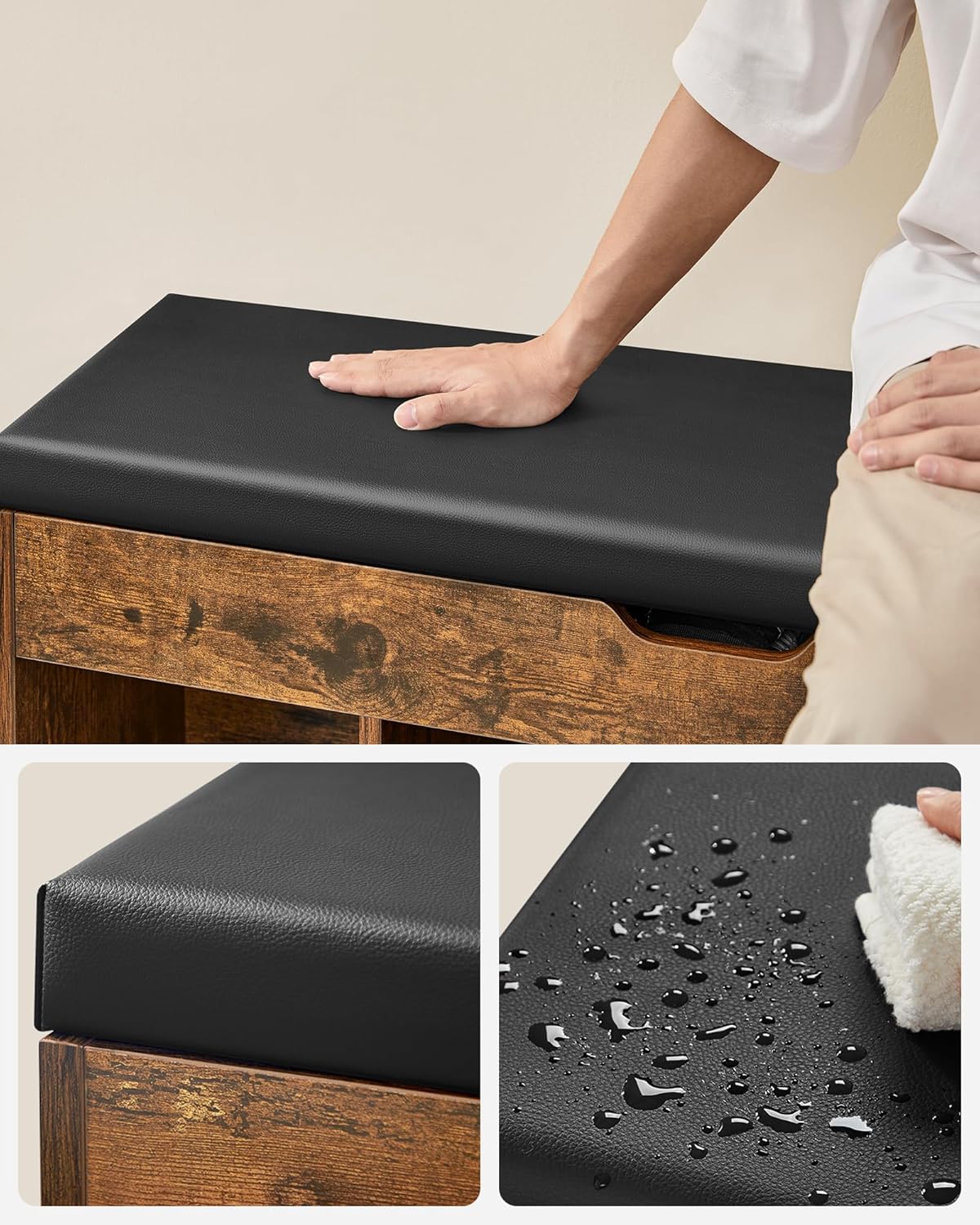 VASAGLE Pantofar cu banca capitonata, 3 compartimente, sarcina 150 kg, 30x100x44 cm, vintage, maro rustic - imagine 5