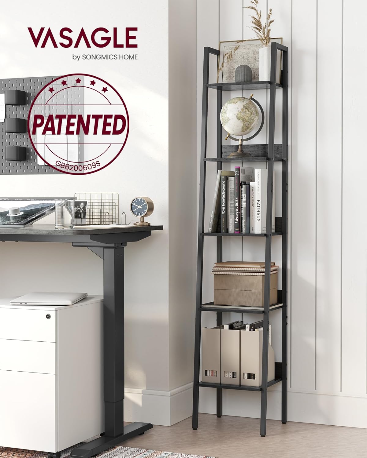 VASAGLE Biblioteca tip scara cu 5 rafturi, design industrial, cadru metalic si rafturi din PAL, 34x30x170 cm, negru - imagine 9