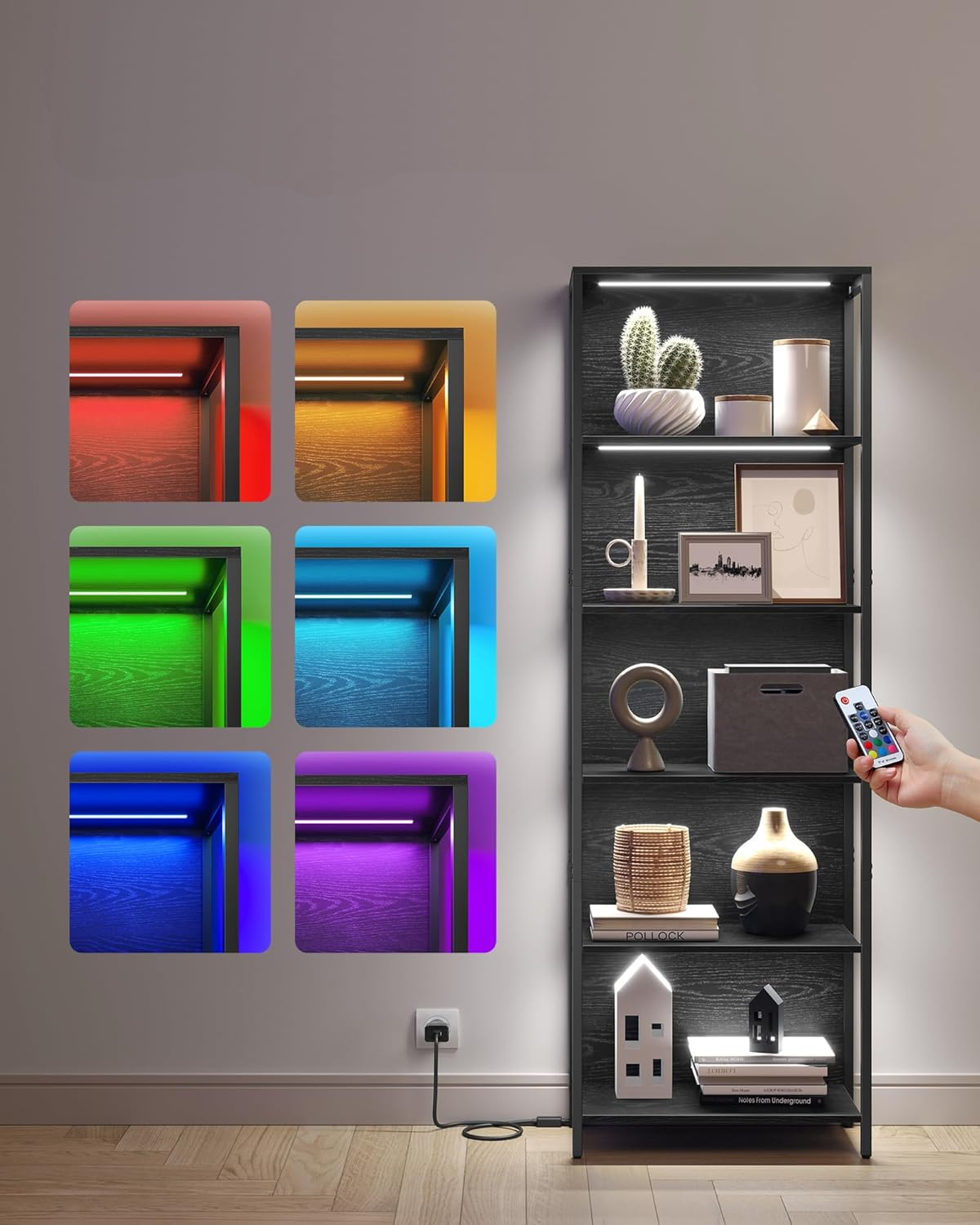 VASAGLE Biblioteca cu 6 rafturi si iluminare LED reglabila 25 culori, cadru metalic, 30x60x179 cm, negru - imagine 4