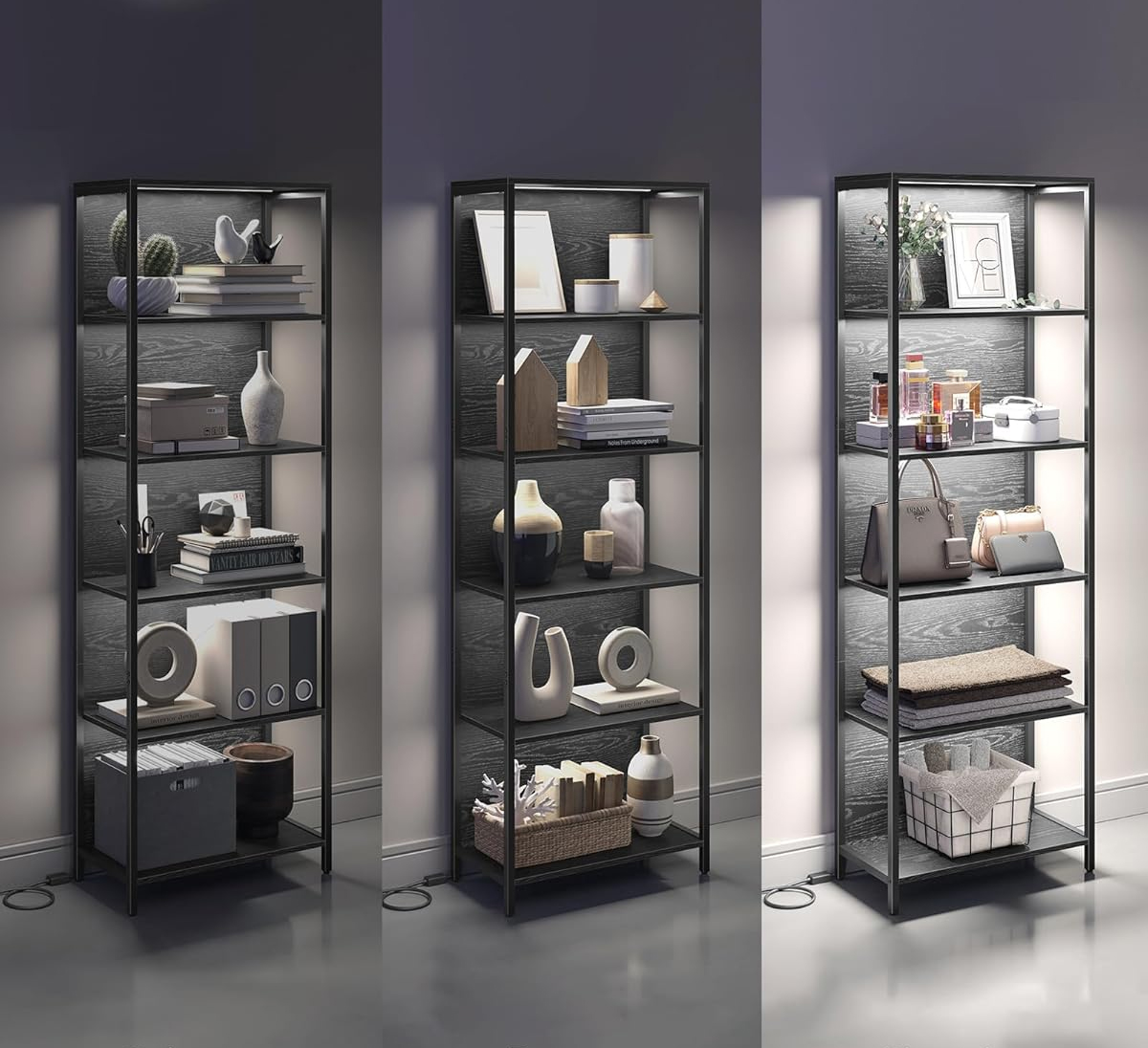 VASAGLE Biblioteca cu 6 rafturi si iluminare LED reglabila 25 culori, cadru metalic, 30x60x179 cm, negru - imagine 5