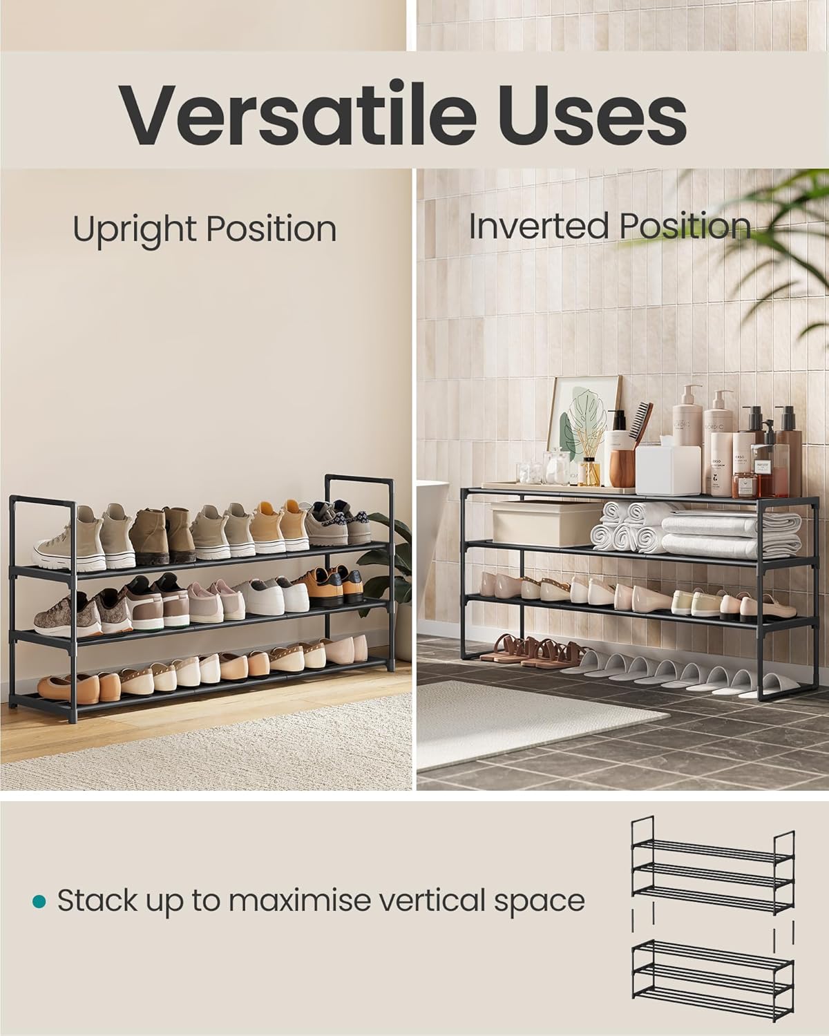 SONGMICS Suport pentru pantofi cu 3 niveluri, structura metalica, 30x117x55 cm, negru - imagine 5