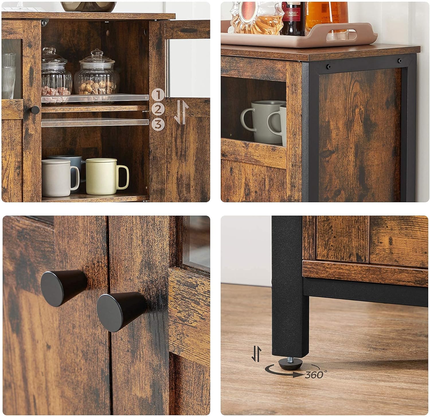 VASAGLE Comoda cu 3 usi din sticla, cadru metalic, stil industrial, 35x100x75 cm, maro rustic - imagine 8