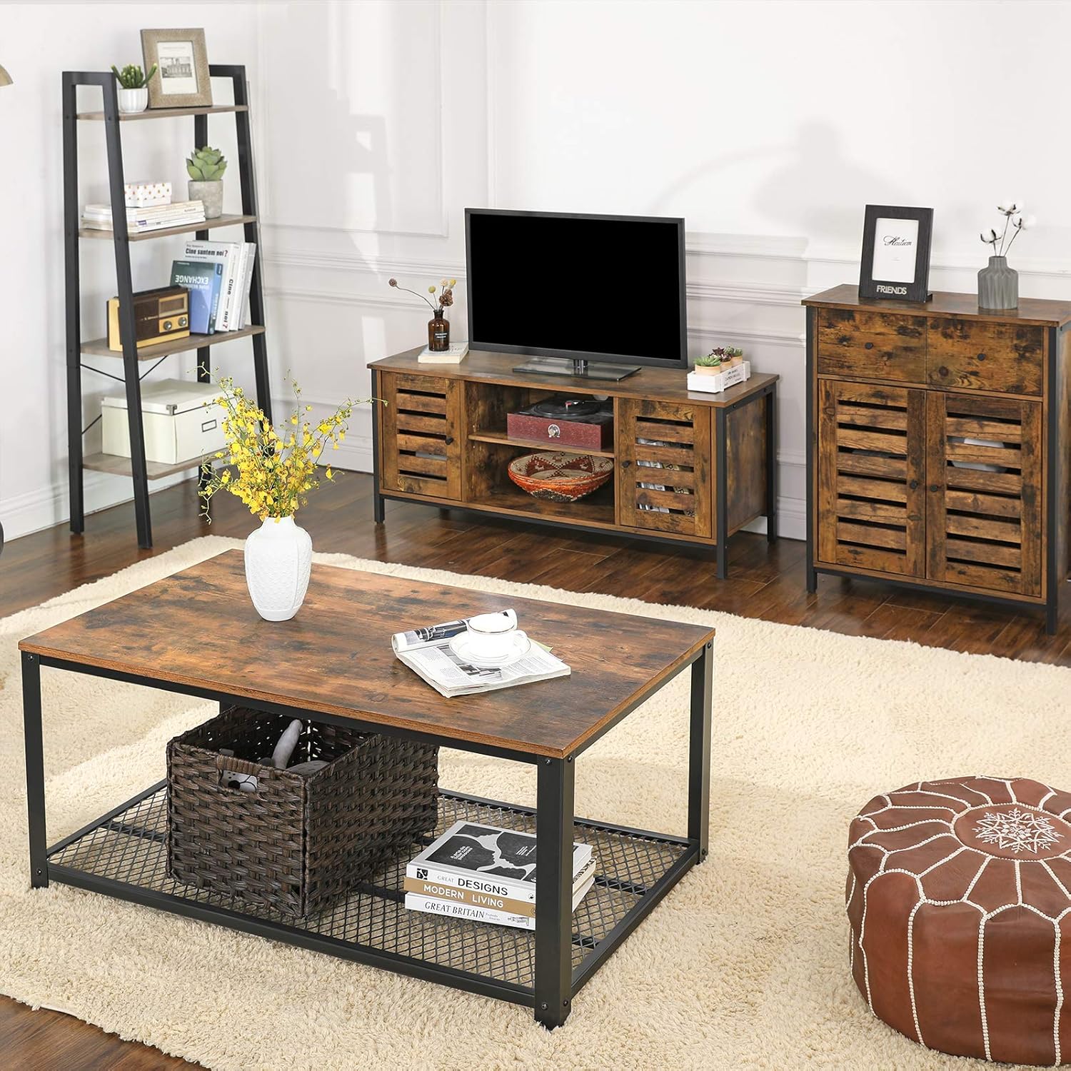 VASAGLE Comoda depozitare cu 2 sertare si polite, usi tip jaluzea, stil industrial, 30x70x80 cm, maro rustic - imagine 5