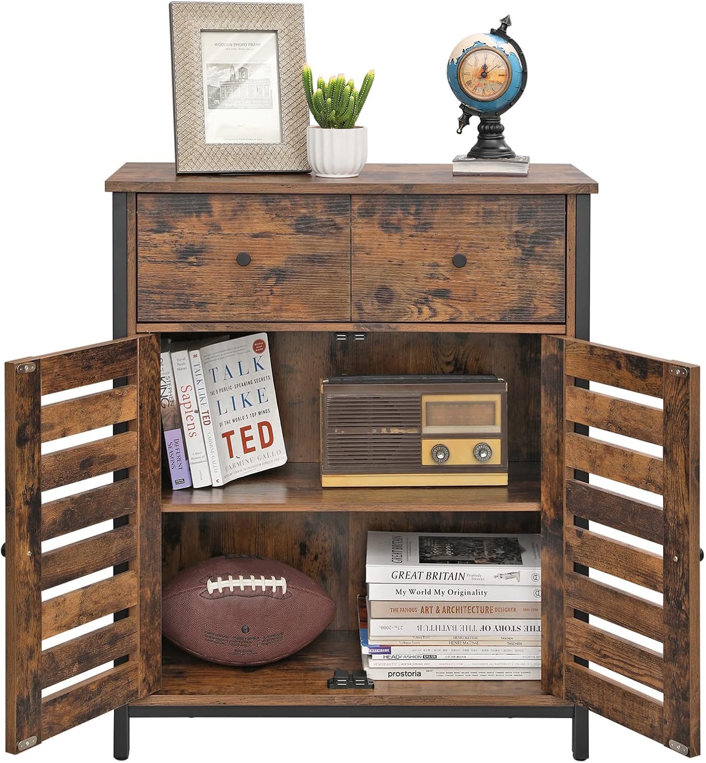 VASAGLE Comoda depozitare cu 2 sertare si polite, usi tip jaluzea, stil industrial, 30x70x80 cm, maro rustic - imagine 6