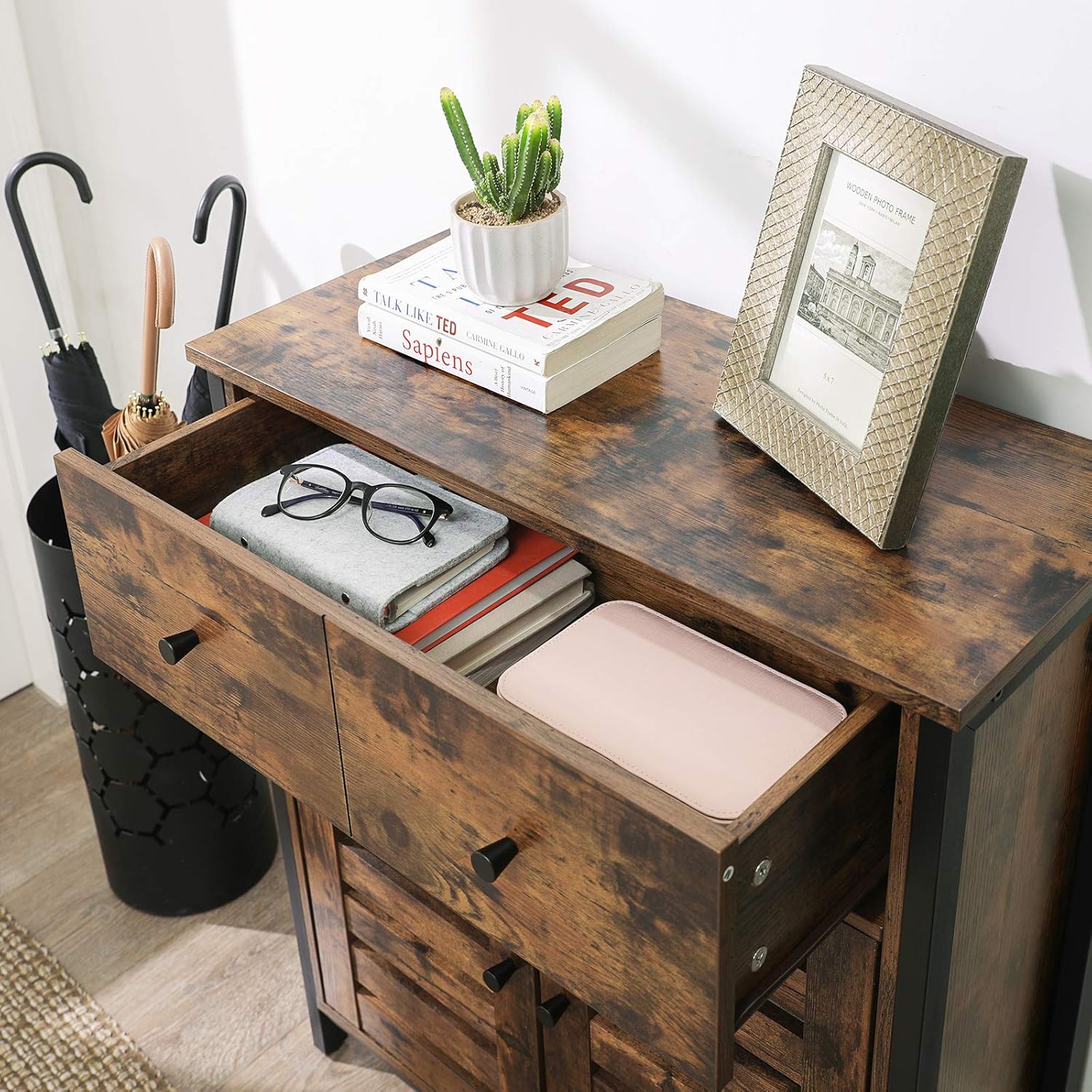 VASAGLE Comoda depozitare cu 2 sertare si polite, usi tip jaluzea, stil industrial, 30x70x80 cm, maro rustic - imagine 8