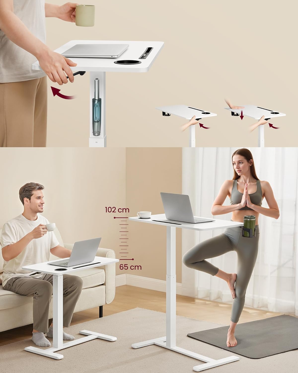 VASAGLE Masa tip birou, ajustabila cu roti pentru pat sau canapea, blat 70x40 cm, inaltime reglabila 65-102 cm, alb - imagine 5