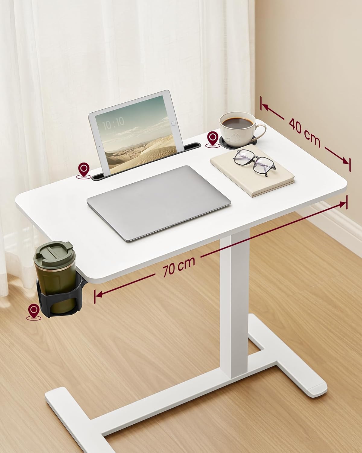 VASAGLE Masa tip birou, ajustabila cu roti pentru pat sau canapea, blat 70x40 cm, inaltime reglabila 65-102 cm, alb - imagine 6