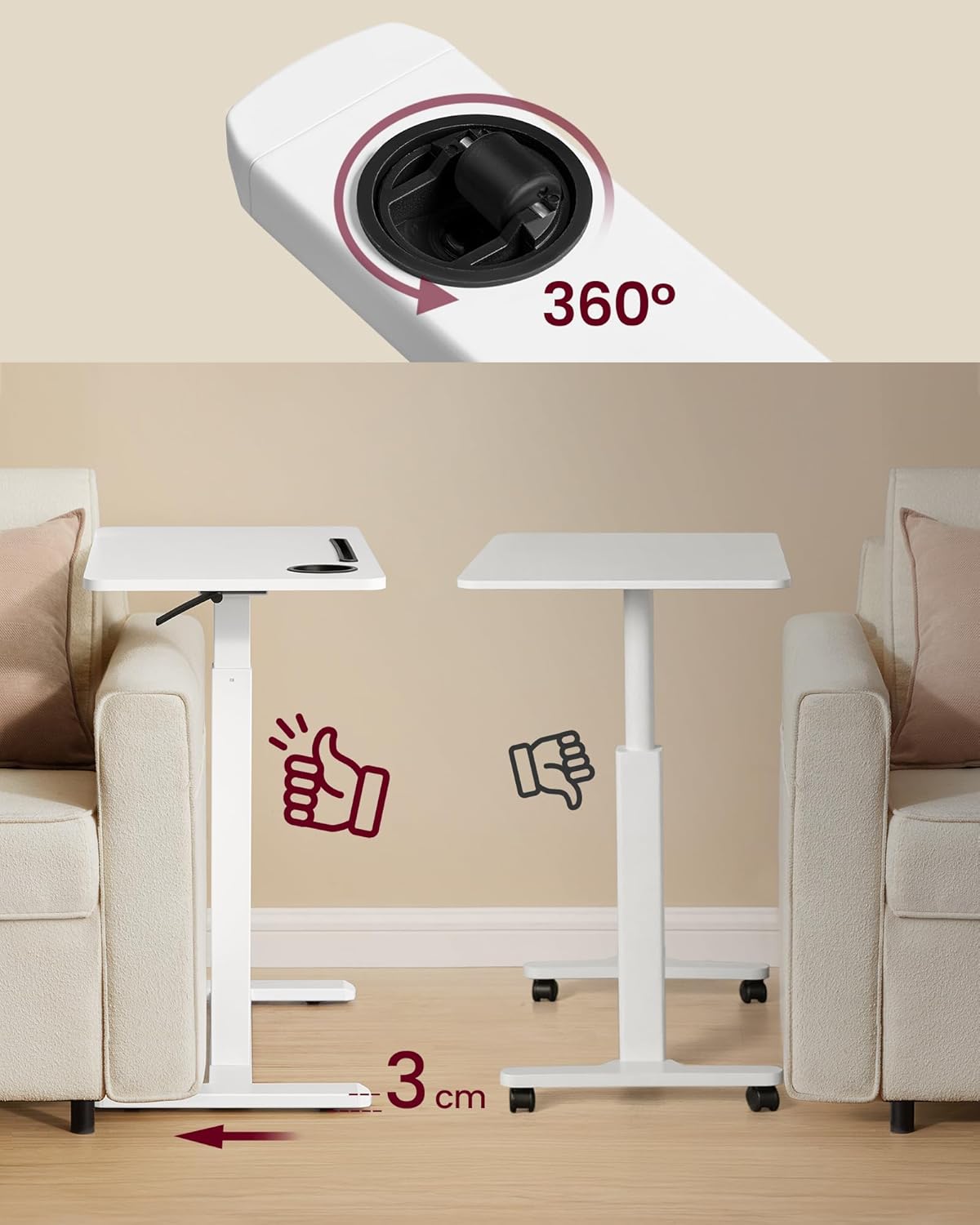 VASAGLE Masa tip birou, ajustabila cu roti pentru pat sau canapea, blat 70x40 cm, inaltime reglabila 65-102 cm, alb - imagine 7