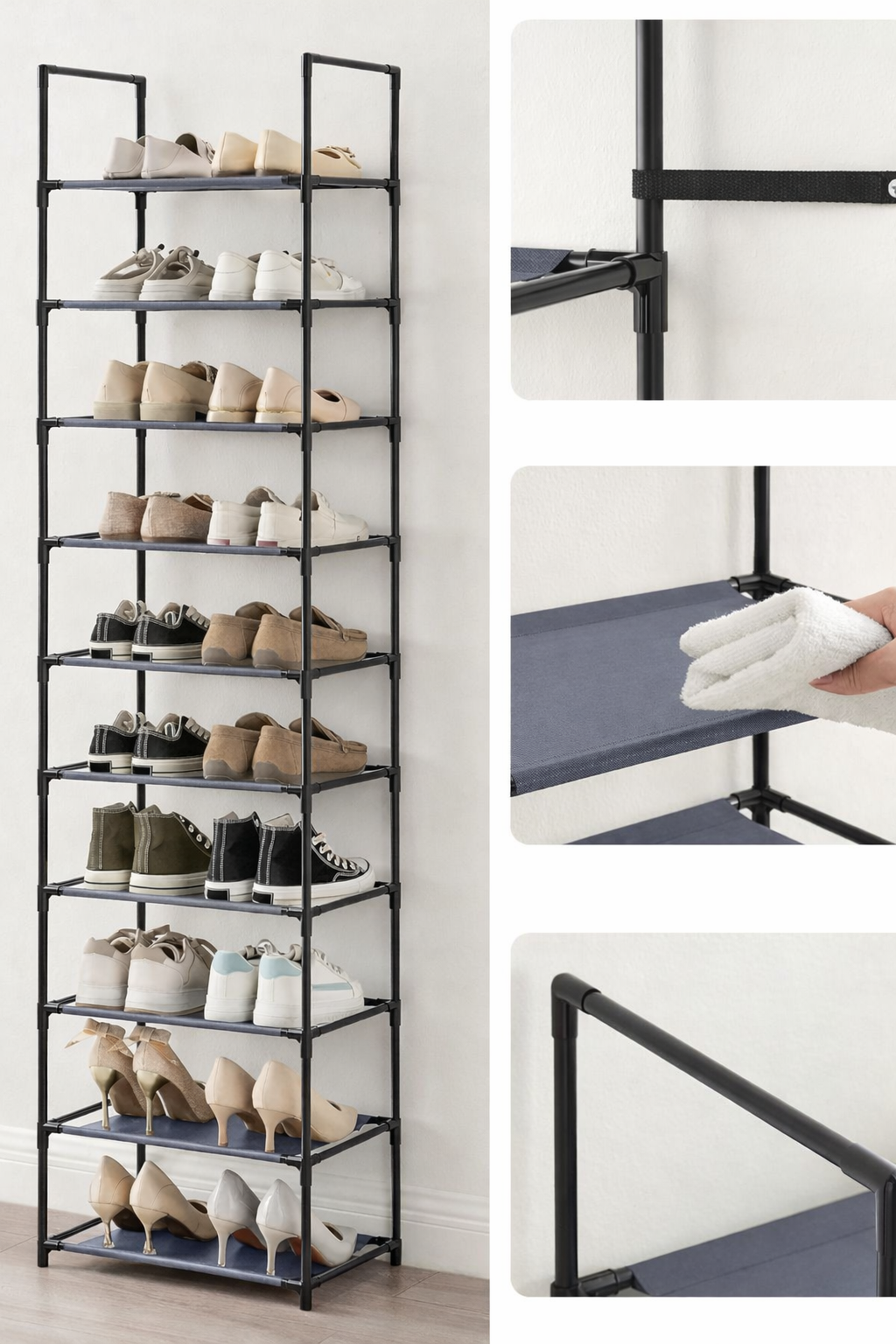 SONGMICS Pantofar cu 10 niveluri, cadru metalic si rafturi textile, 28x45x173 cm, gri - imagine 3