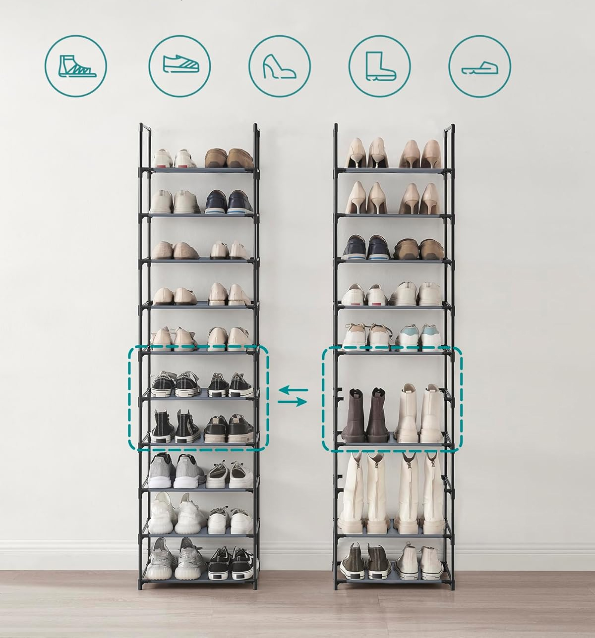 SONGMICS Pantofar cu 10 niveluri, cadru metalic si rafturi textile, 28x45x173 cm, gri - imagine 8