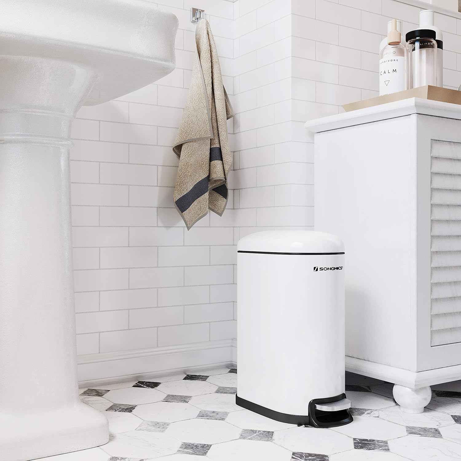SONGMICS Cos gunoi 10 litri cu pedala si capac soft close, galeata interioara detasabila, 35x19x39 cm, alb - imagine 10