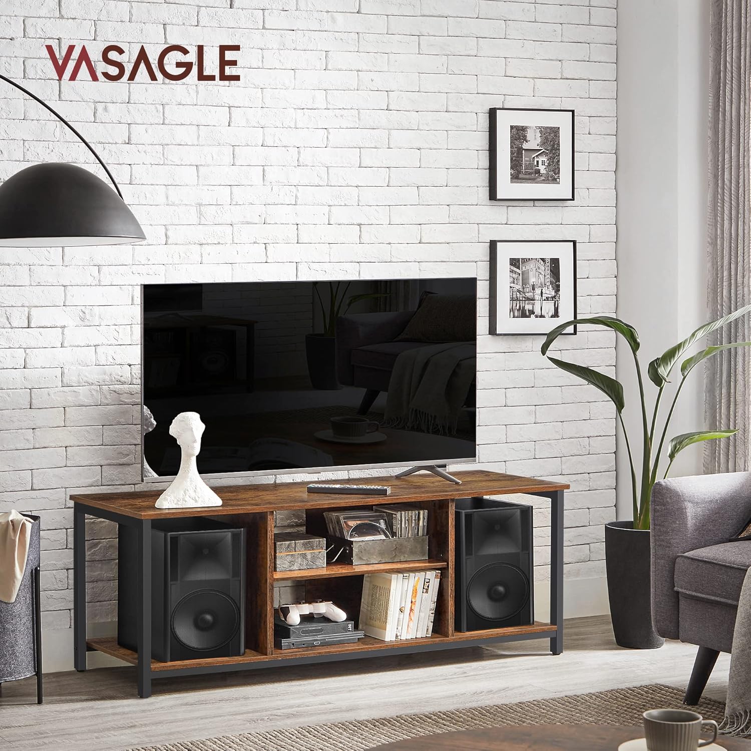 VASAGLE Comoda TV pentru televizor pana la 60 inch, stil industrial, 120x40x50 cm, maro rustic - imagine 3