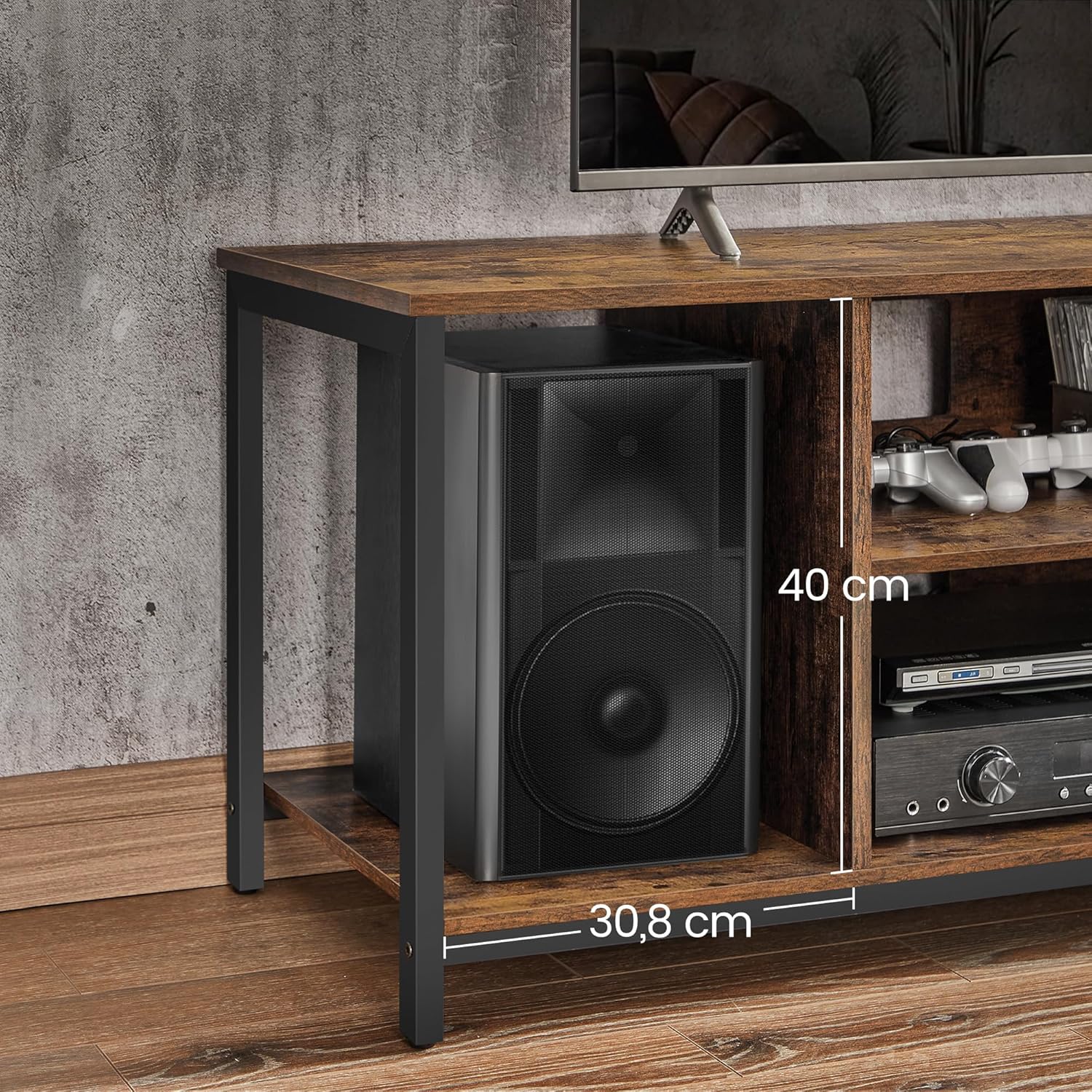 VASAGLE Comoda TV pentru televizor pana la 60 inch, stil industrial, 120x40x50 cm, maro rustic - imagine 6