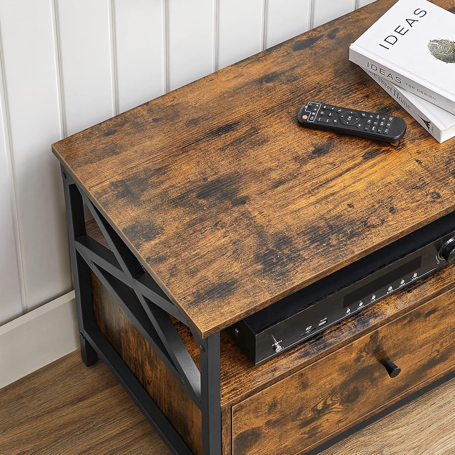 VASAGLE Comoda TV cu 2 sertare si 2 rafturi, cadru metalic, stil industrial, 120x40x50 cm, maro rustic - imagine 4