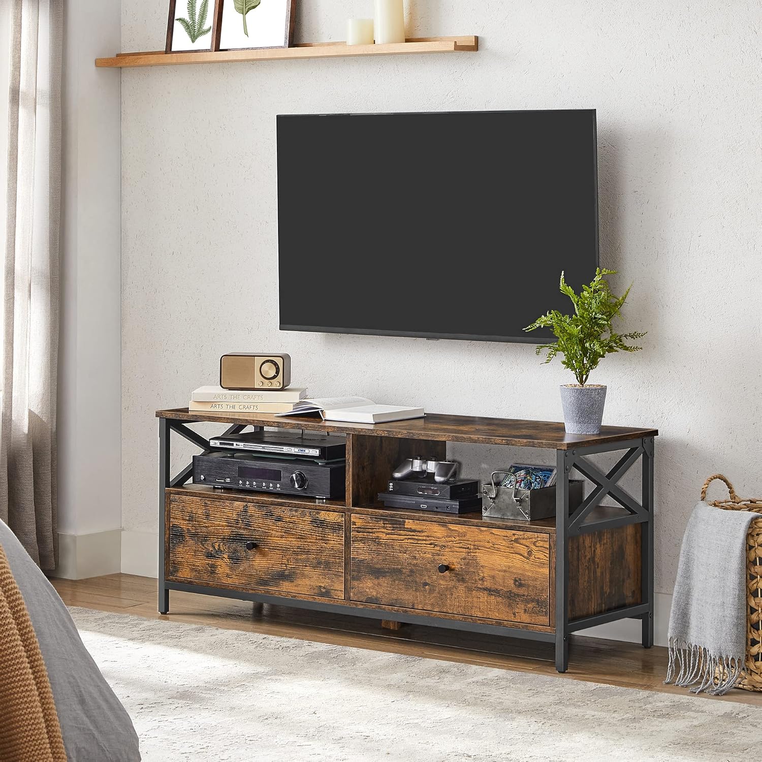 VASAGLE Comoda TV cu 2 sertare si 2 rafturi, cadru metalic, stil industrial, 120x40x50 cm, maro rustic - imagine 5