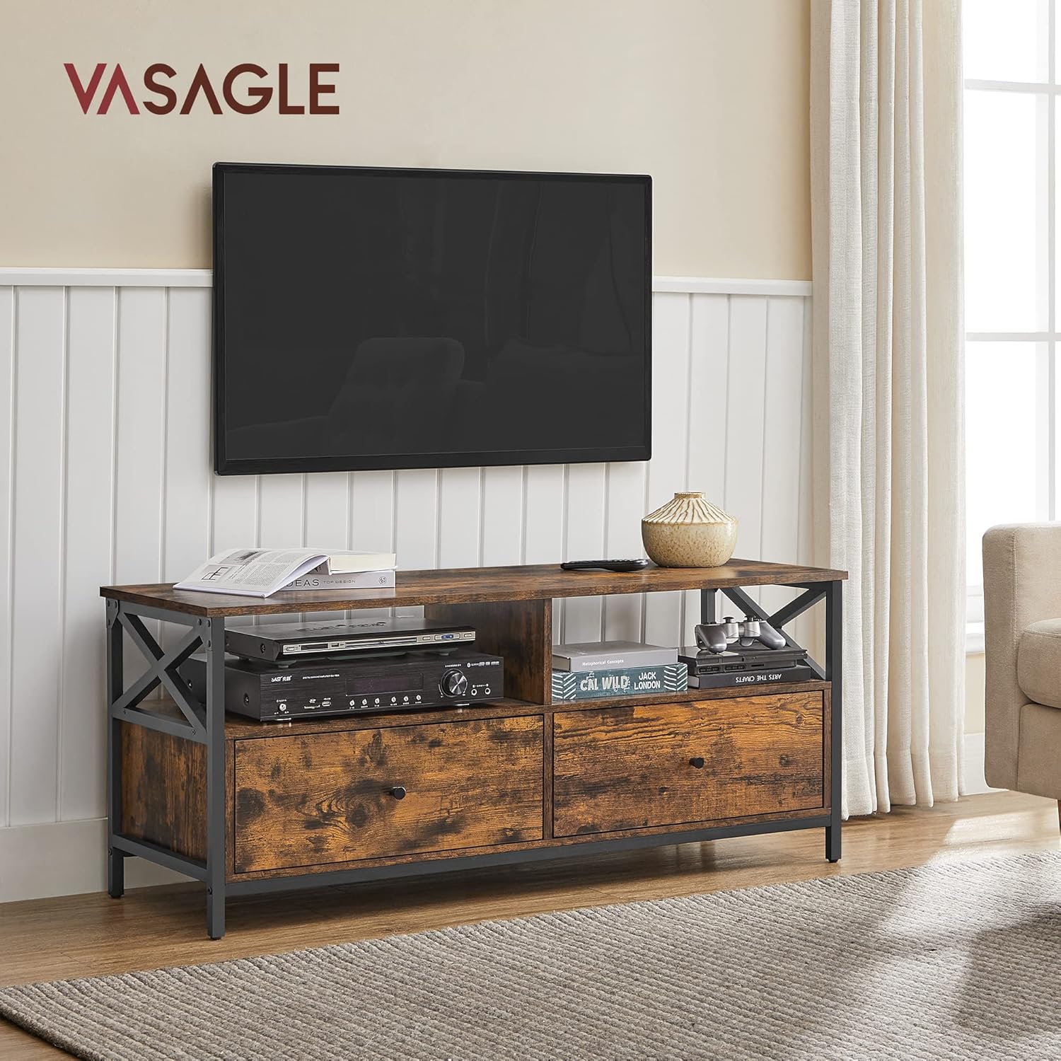 VASAGLE Comoda TV cu 2 sertare si 2 rafturi, cadru metalic, stil industrial, 120x40x50 cm, maro rustic - imagine 7