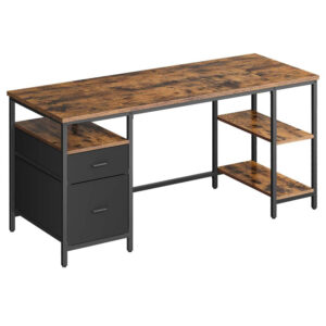 VASAGLE Birou cu 3 rafturi si 2 sertare, cadru metalic si PAL, montaj reversibil, 160x60x76 cm, maro rustic