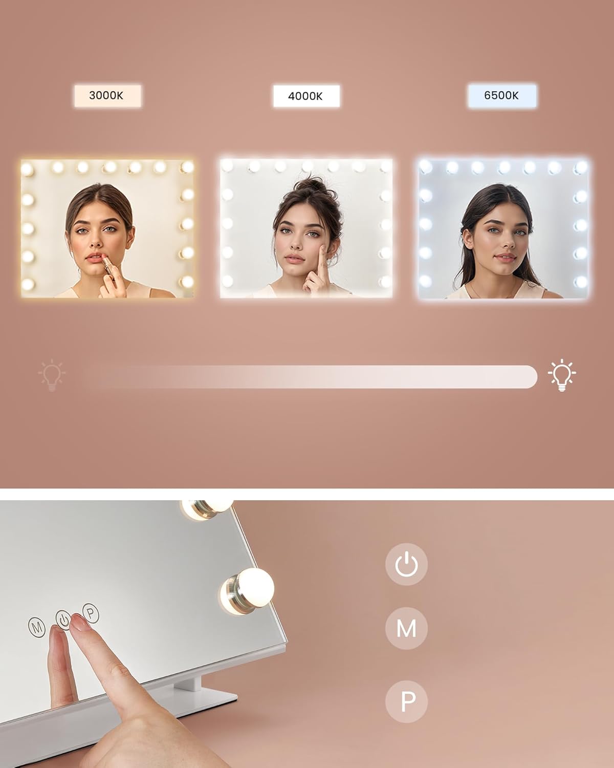 SONGMICS Oglinda machiaj cu iluminare LED, 3 culori lumina, suport telefon, 2 porturi USB, zoom 10x, 58x43 cm, alb - imagine 4