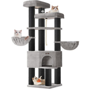 FEANDREA Ansamblu de joaca pentru pisici XXL, 5 niveluri, stalpi sisal, pentru pisici de talie mare, 55x55x187 cm, gri