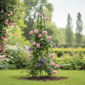 Pergola gradina piramidala pentru plante cataratoare, structura otel, 31x31x200 cm, verde inchis