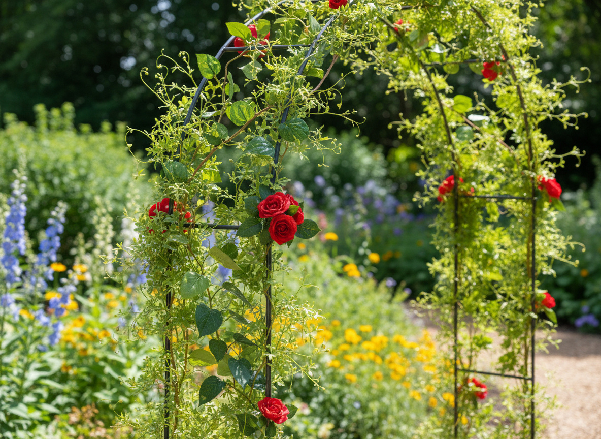 Pergola gradina pentru plante cataratoare cu ancore montaj, structura otel, 140x38x240 cm, verde - imagine 4