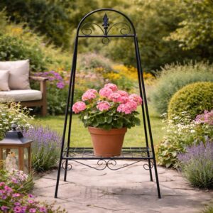 Suport flori metalic pentru ghivece, structura metalica, 49x40x99 cm, negru