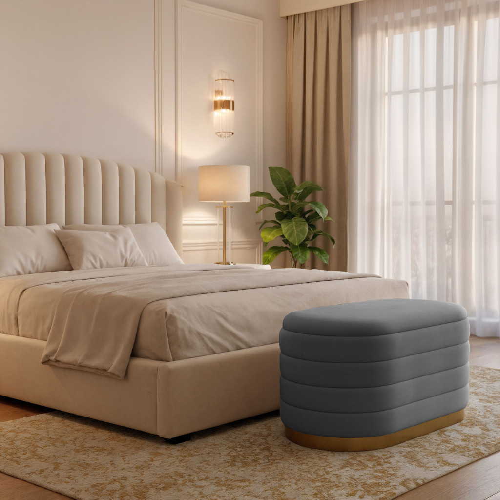 Bancheta tip puf cu depozitare, tapiterie velur, 80x42x42 cm, gri - imagine 3