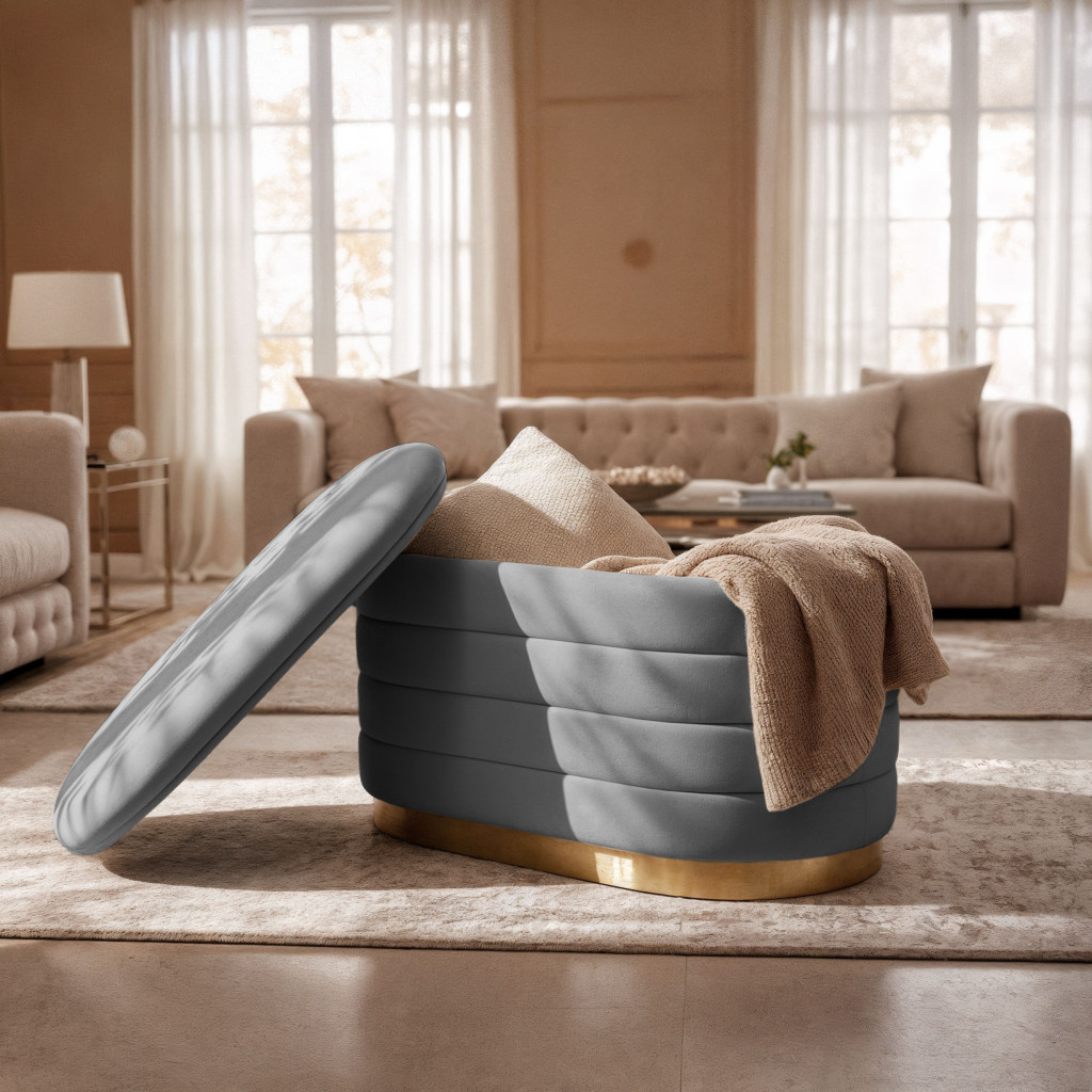 Bancheta tip puf cu depozitare, tapiterie velur, 80x42x42 cm, gri - imagine 6