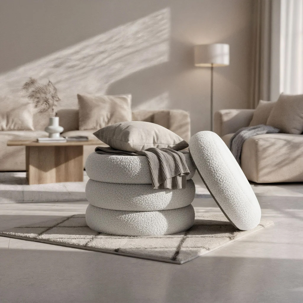 Taburet tapitat Snuggo cu spatiu de depozitare, velur, diametru 42 cm, inaltime 45 cm, alb - imagine 2