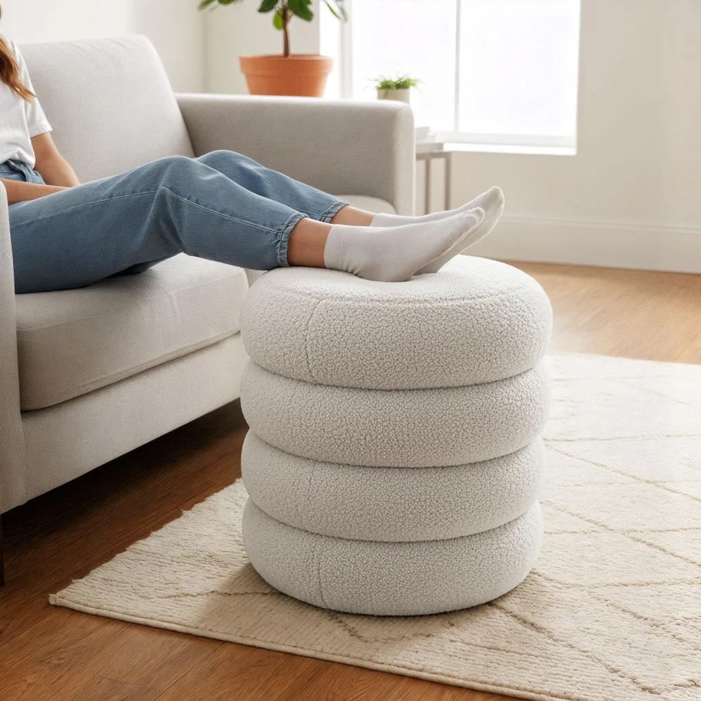 Taburet tapitat Snuggo cu spatiu de depozitare, velur, diametru 42 cm, inaltime 45 cm, alb - imagine 4