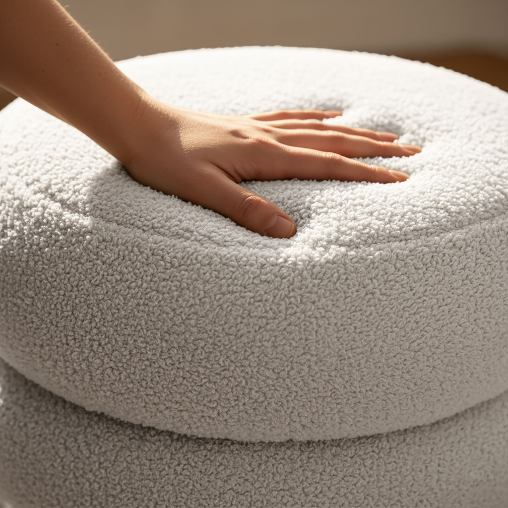 Taburet tapitat Snuggo cu spatiu de depozitare, velur, diametru 42 cm, inaltime 45 cm, alb - imagine 5