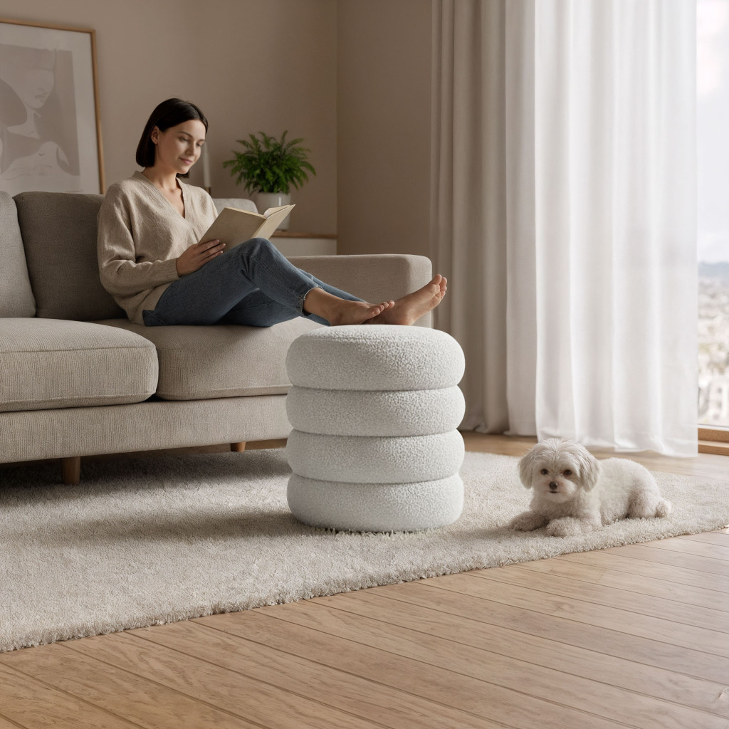 Taburet tapitat Snuggo cu spatiu de depozitare, velur, diametru 42 cm, inaltime 45 cm, alb - imagine 6