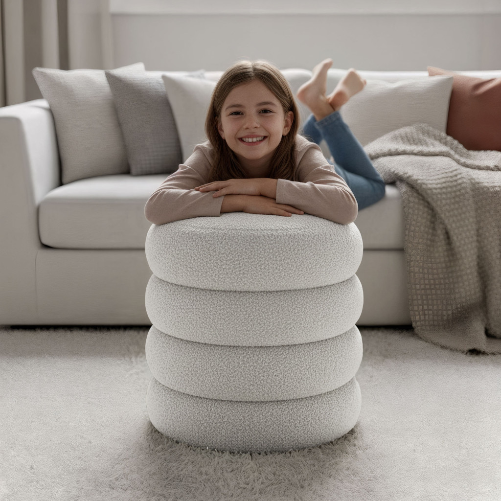 Taburet tapitat Snuggo cu spatiu de depozitare, velur, diametru 42 cm, inaltime 45 cm, alb - imagine 7