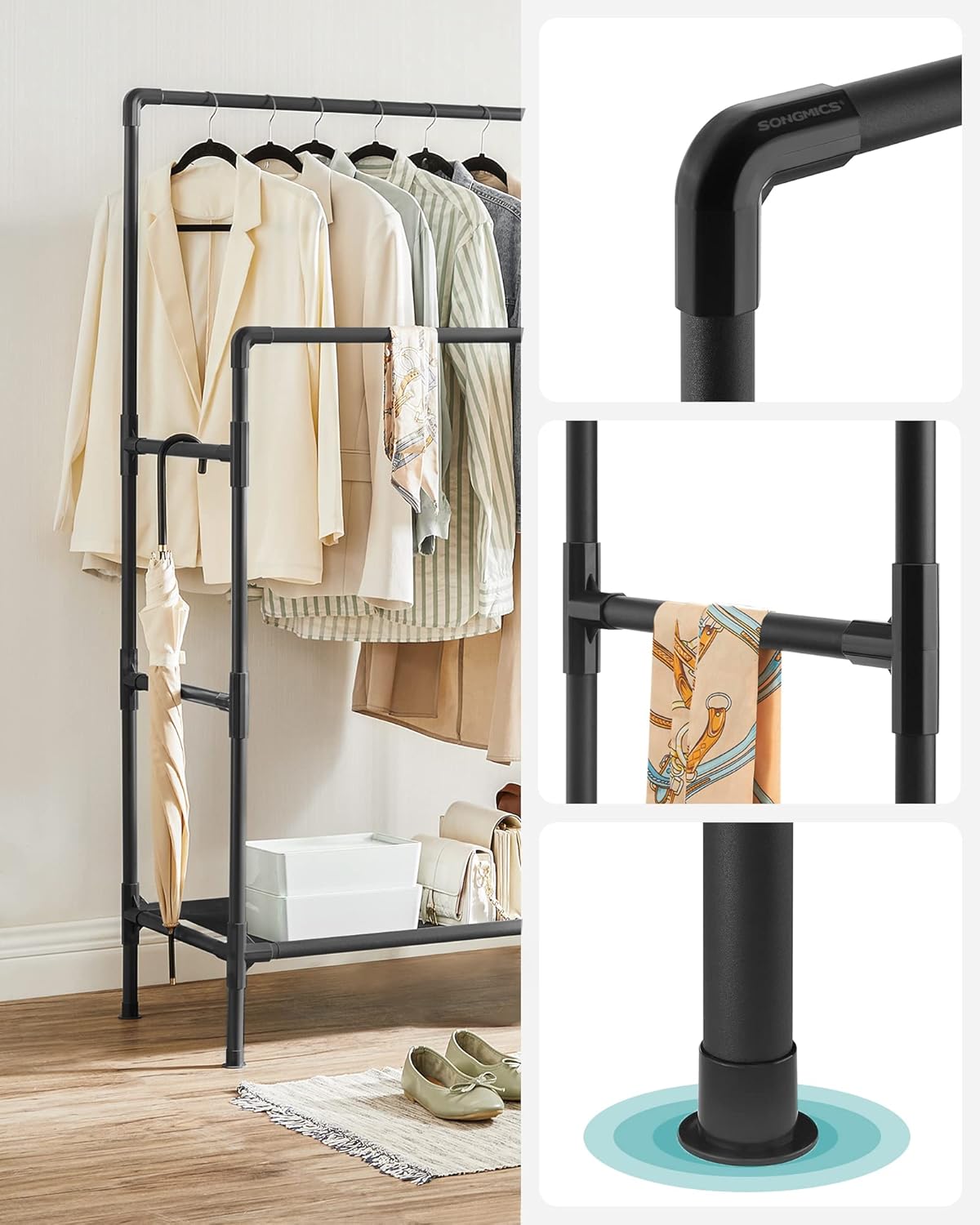 SONGMICS Raft de haine din metal, cu 2 bare de haine si 1 raft, stil industrial, 45x83x157cm, negru - imagine 3