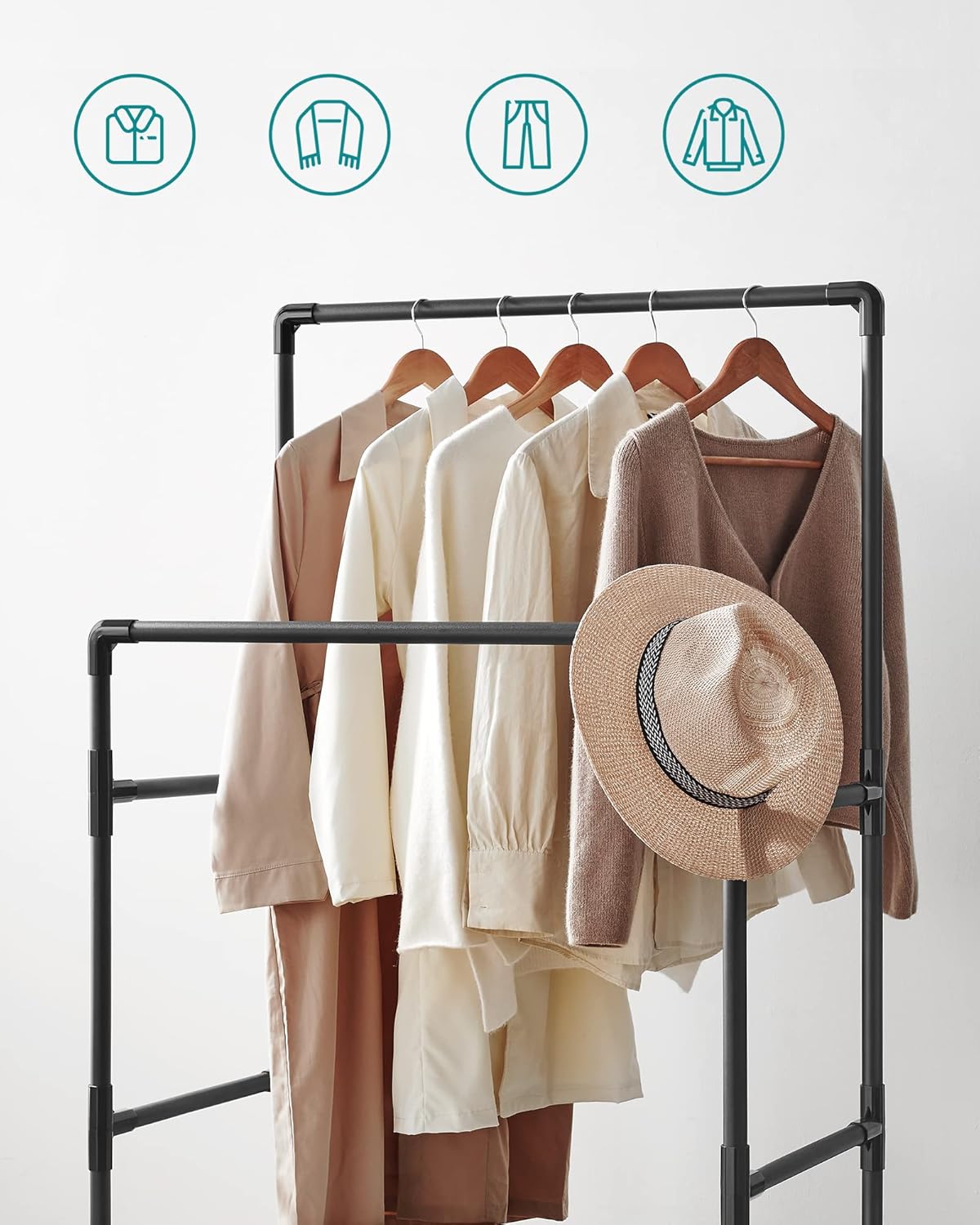 SONGMICS Raft de haine din metal, cu 2 bare de haine si 1 raft, stil industrial, 45x83x157cm, negru - imagine 6