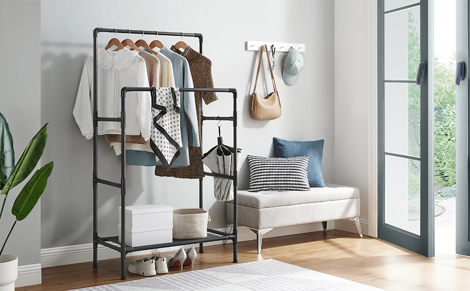 SONGMICS Raft de haine din metal, cu 2 bare de haine si 1 raft, stil industrial, 45x83x157cm, negru - imagine 7